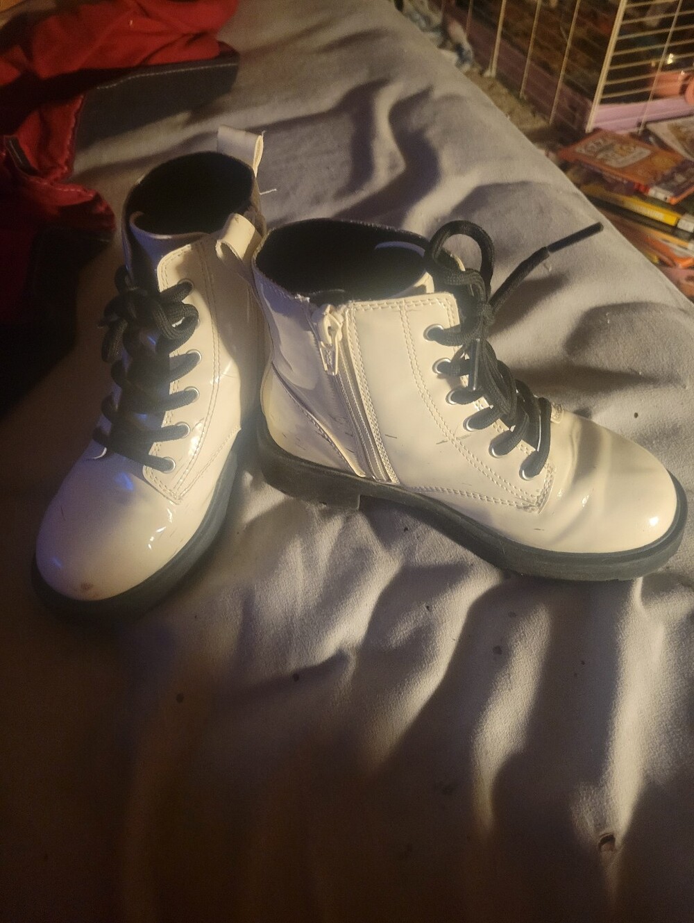 Kids White Patent Lace-Up Boots with Side Zipper